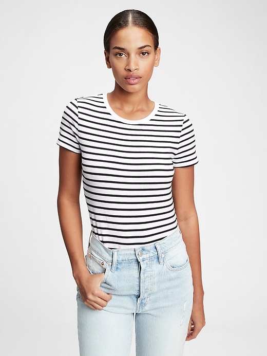1 of 8 showing, with the color black & white stripe of product Crewneck Bodysuit