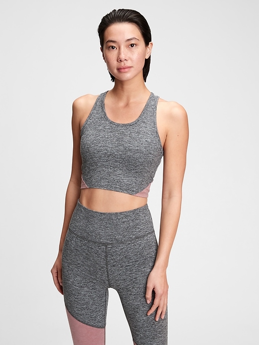 1 of 8 showing, with the color grey colorblock of product GapFit Brushed Tech Jersey Cutout Longline Sports Bra