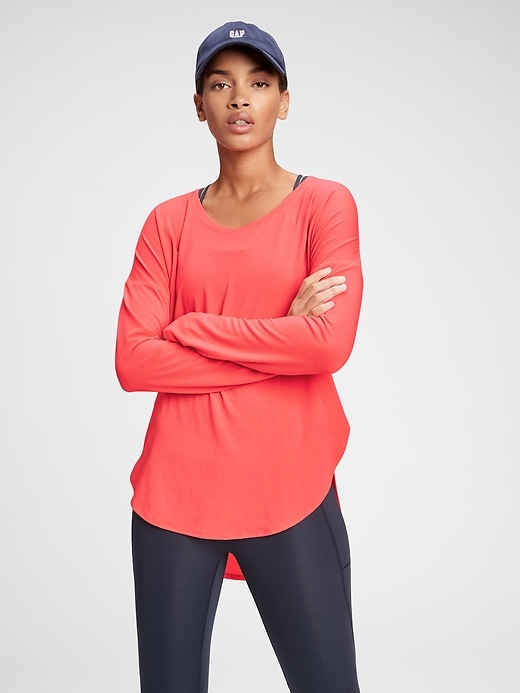 1 of 8 showing, with the color coral reef orange of product GapFit Breathe Hi-Lo T-Shirt