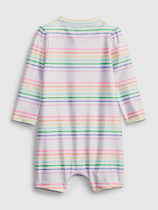 2 of 8 showing, with the color multi stripe of product Baby Recycled Polyester Rainbow Stripe Swim Rash Guard One-Piece