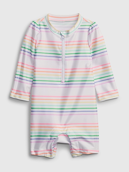View large product image 1 of 3. Baby Recycled Polyester Rainbow Stripe Swim Rash Guard One-Piece