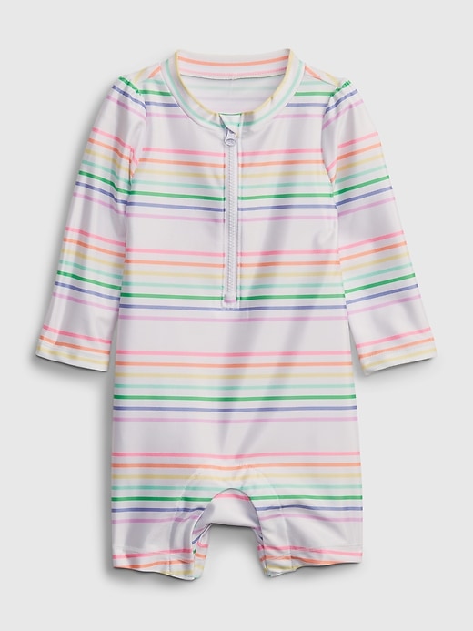 1 of 8 showing, with the color multi stripe of product Baby Recycled Polyester Rainbow Stripe Swim Rash Guard One-Piece