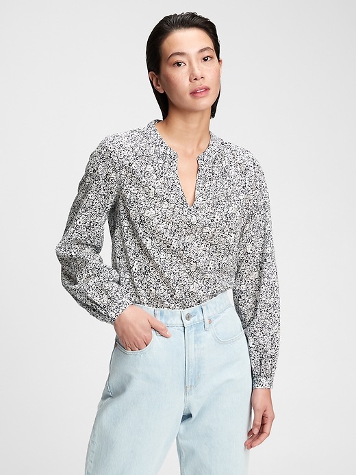 1 of 8 showing, with the color navy blue floral of product Shirred Popover Top