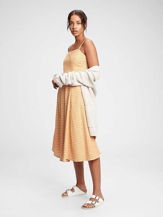 1 of 8 showing, with the color yellow gingham of product Fit & Flare Squareneck Midi Dress