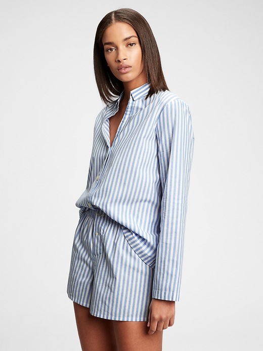 1 of 8 showing, with the color blue stripe of product Adult Pajama Shirt in Poplin