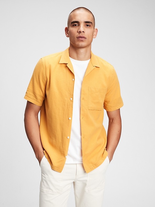 1 of 8 showing, with the color yellow of product Linen-Cotton Button-Front Shirt
