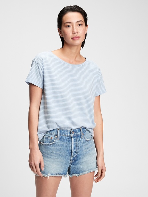 1 of 8 showing, with the color beach blue of product Relaxed Striped Cropped Top