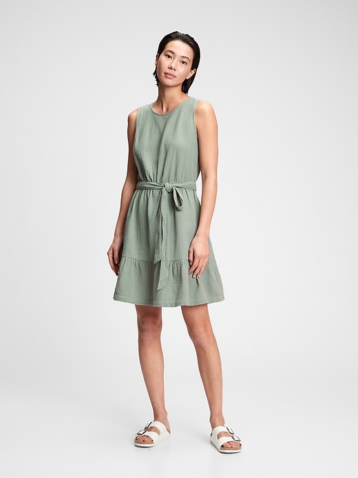 1 of 8 showing, with the color sage green of product Ruffle Hem Gauze Dress