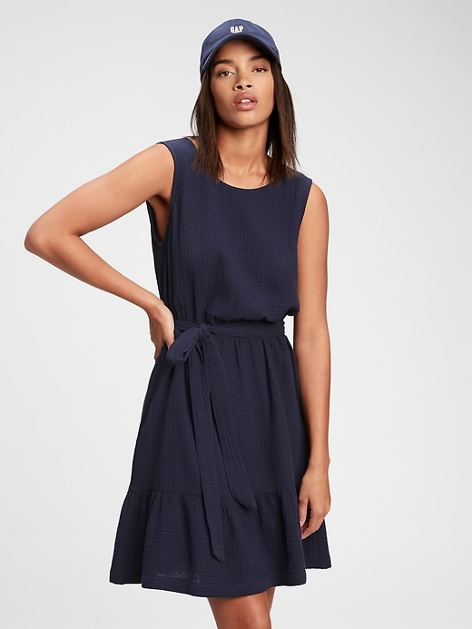 1 of 8 showing, with the color navy blue of product Ruffle Hem Gauze Dress