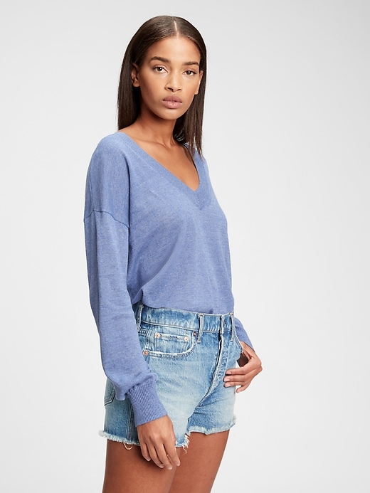 1 of 8 showing, with the color larkspur blue of product Lightweight V-Neck Sweater
