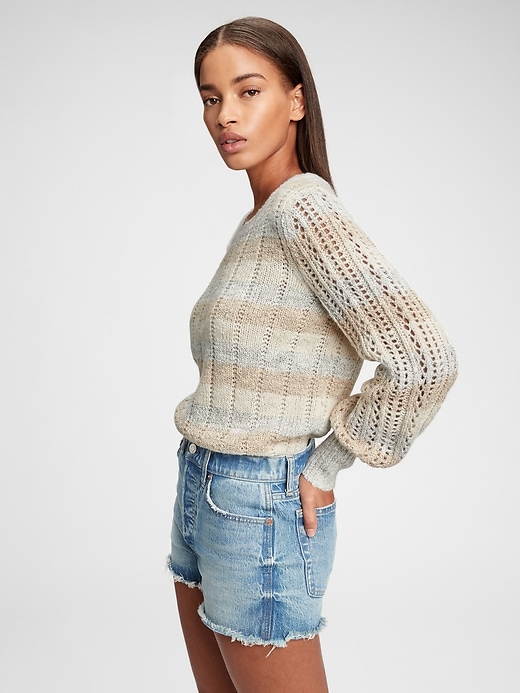 1 of 8 showing, with the color raffia tan stripe of product Pointelle Crewneck Sweater