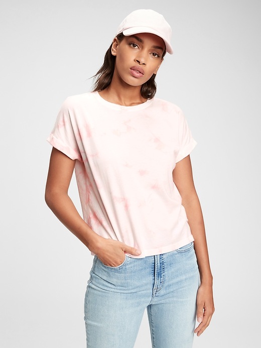 1 of 8 showing, with the color coral pink tie dye of product Vintage Abbreviated Tie- Dye Roll Cuff T-Shirt