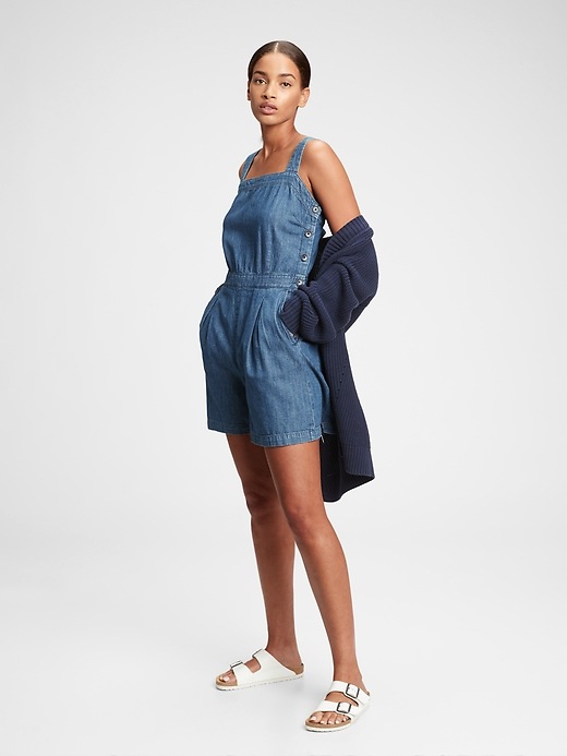 View large product image 1 of 7. Apron Denim Romper with Washwell&#153