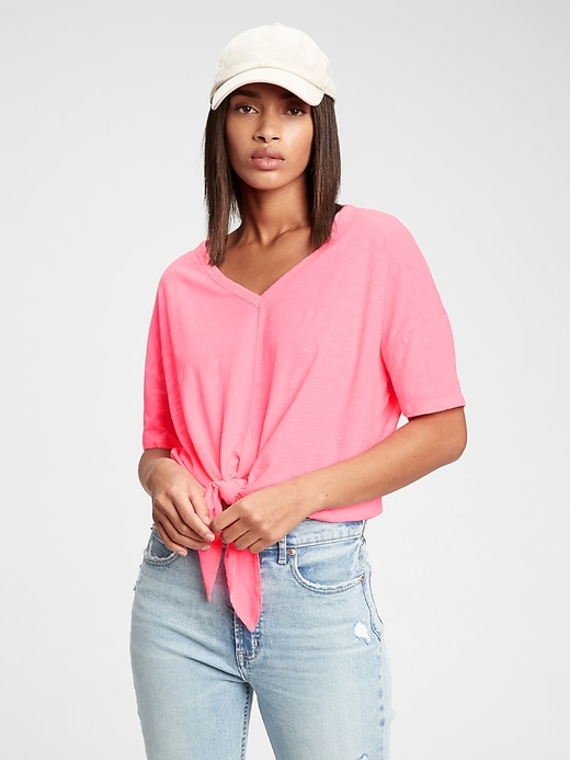 1 of 8 showing, with the color neon pink of product Slub Cropped Tie-Front T-Shirt