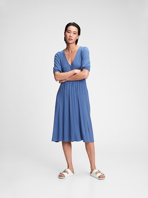 1 of 8 showing, with the color chrome blue of product Three-Quarter Sleeve Midi Dress