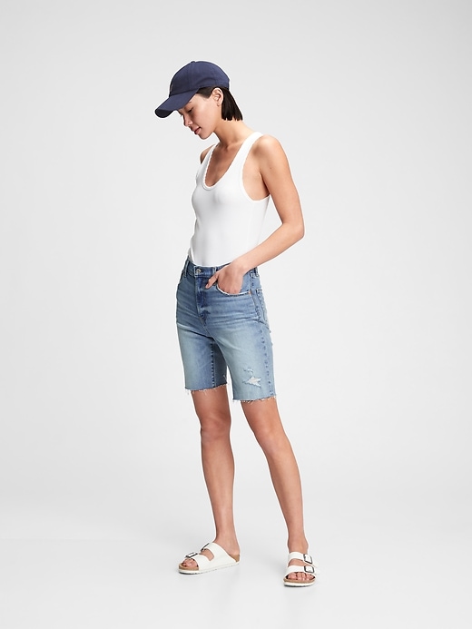 Image number 1 showing, 9'' High Rise Destructed Denim Bermuda Shorts With Washwell&#153