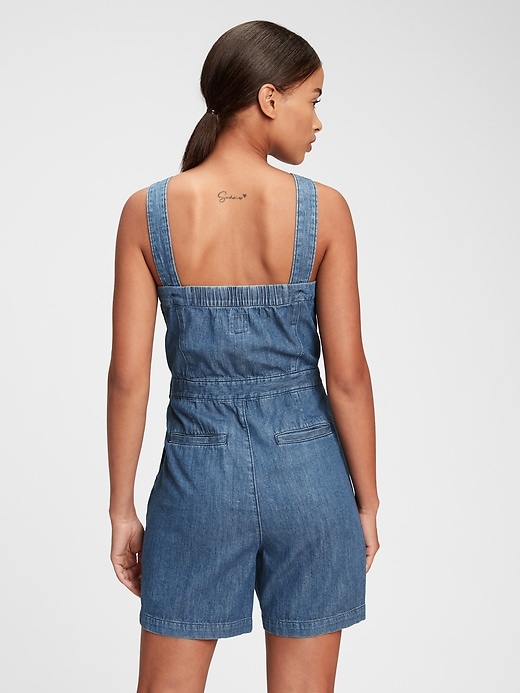 2 of 8 showing, with the color medium indigo of product Apron Denim Romper with Washwell™