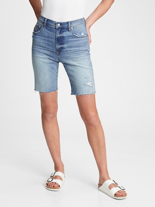 Image number 3 showing, 9'' High Rise Destructed Denim Bermuda Shorts With Washwell&#153