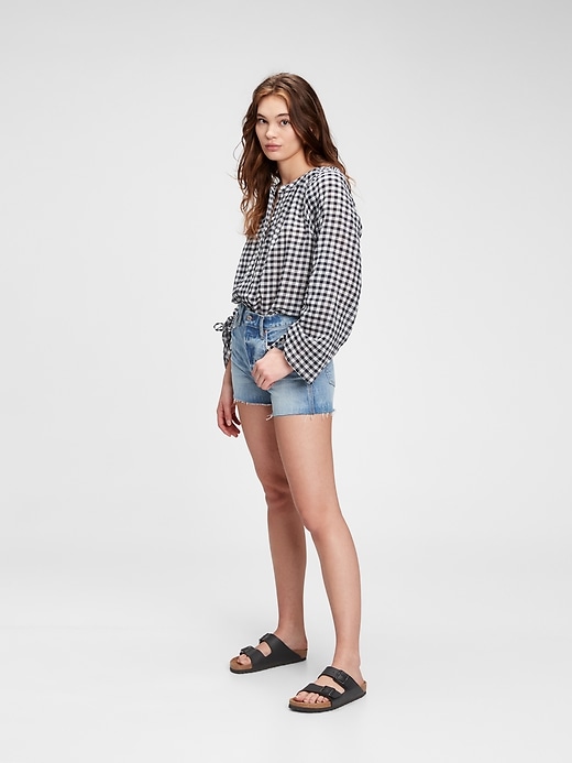 1 of 8 showing, with the color navy blue gingham of product Ruched Sleeve Top