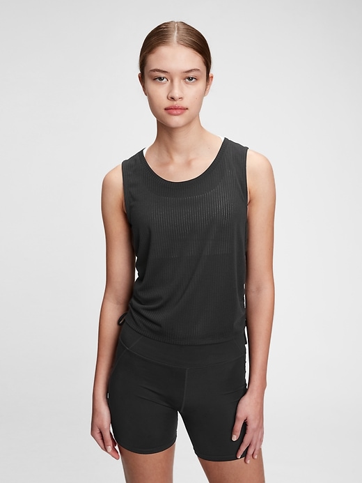 1 of 8 showing, with the color true black of product GapFit Breathe Pointelle Ruched Side Tank Top