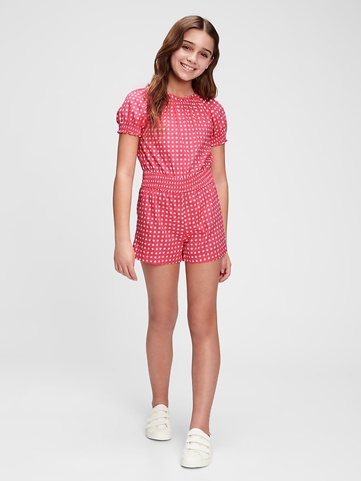 2 of 8 showing, with the color neon pink rose of product Kids Smocked Polk-A-Dot Romper