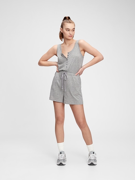 1 of 8 showing, with the color heather grey of product Sleeveless Henley Romper