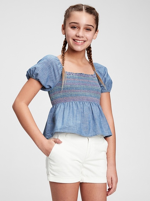2 of 8 showing, with the color chambray of product Kids Chambray Smocked Top