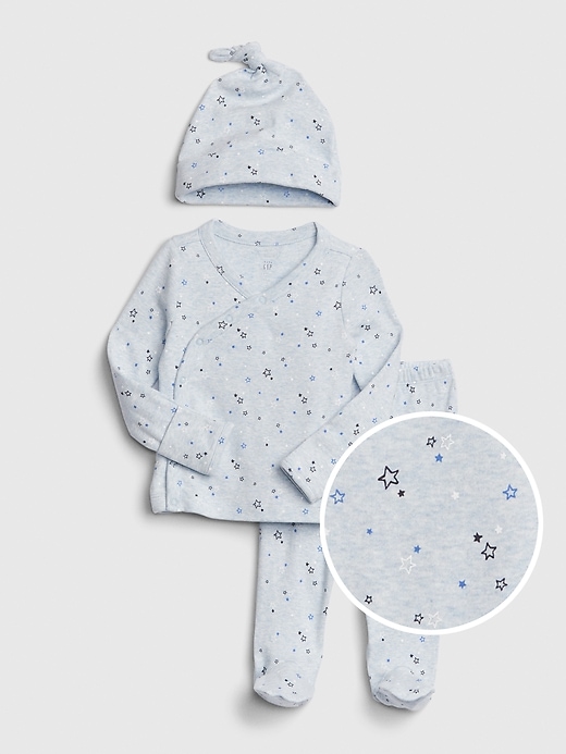1 of 8 showing, with the color blue heather of product Baby Print Kimono Outfit Set