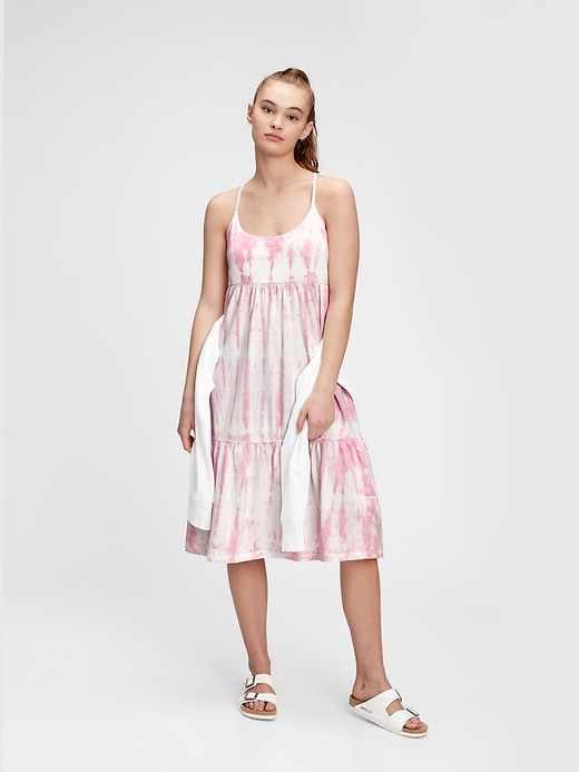 1 of 8 showing, with the color pink tie dye of product Racerback Tiered Midi Dress