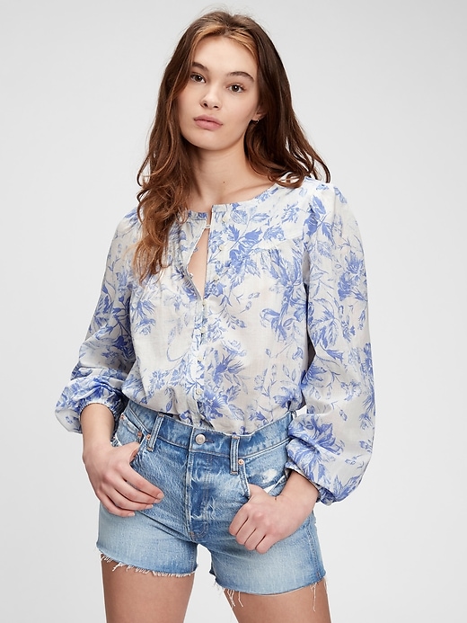 1 of 8 showing, with the color blue floral of product Print Button-Front Blouse