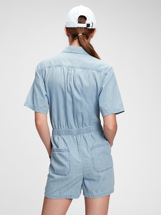 2 of 8 showing, with the color light wash indigo of product Denim Romper with Washwell™