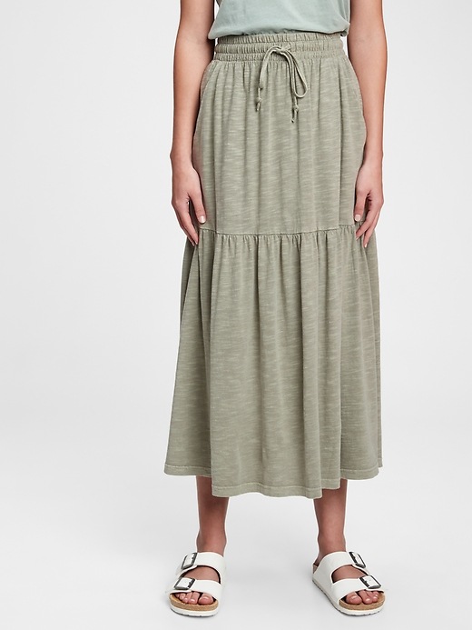 1 of 8 showing, with the color desert cactus green of product Tiered Midi Skirt