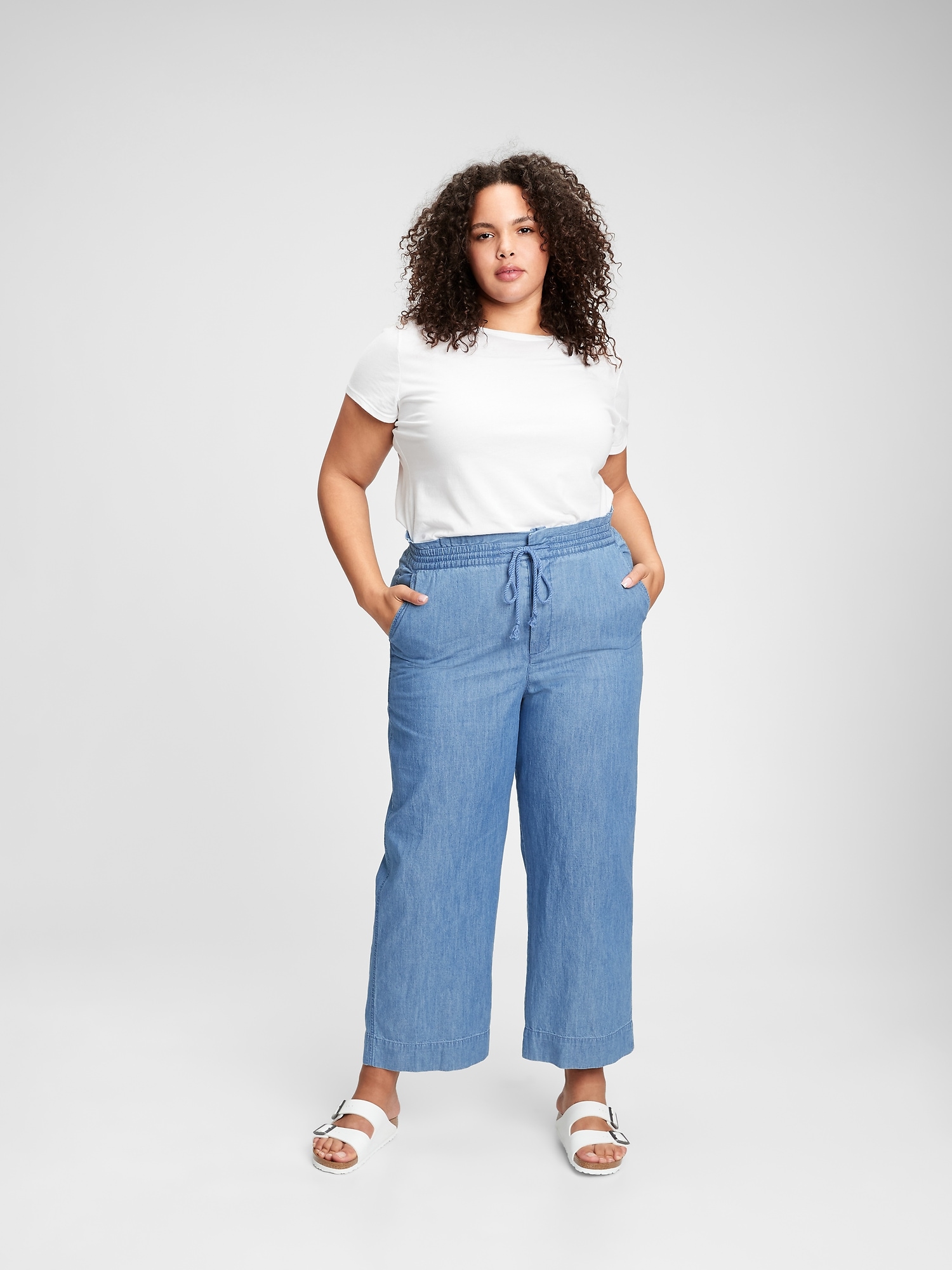 High Rise Chambray Wide-Leg Pants With Washwell™