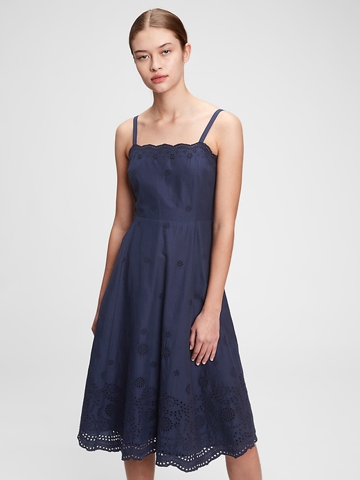 1 of 8 showing, with the color navy blue of product Squareneck Eyelet Midi Dress