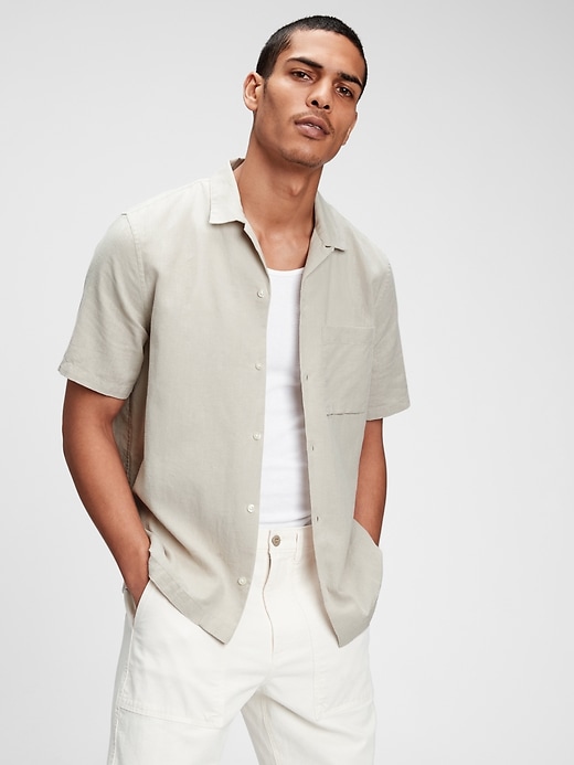 1 of 8 showing, with the color oat beige of product Linen-Cotton Button-Front Shirt