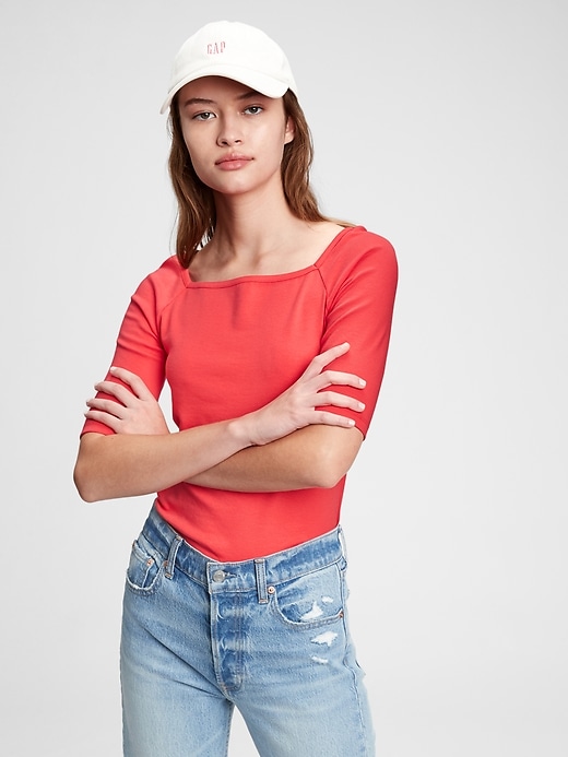 1 of 8 showing, with the color rose bush pink of product Modern Squareneck Elbow Sleeve T-Shirt