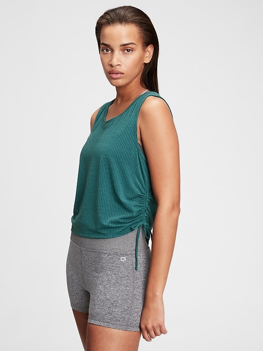 1 of 8 showing, with the color peacock green of product GapFit Breathe Pointelle Ruched Side Tank Top