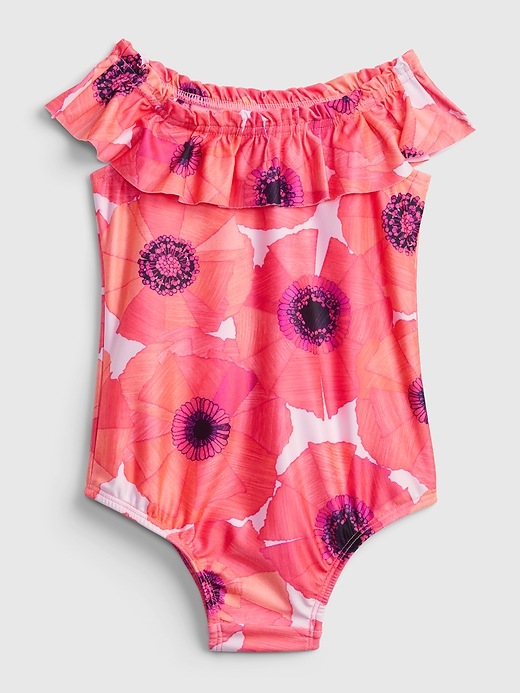 2 of 8 showing, with the color pink floral of product Toddler Floral Ruffle Swim One-Piece