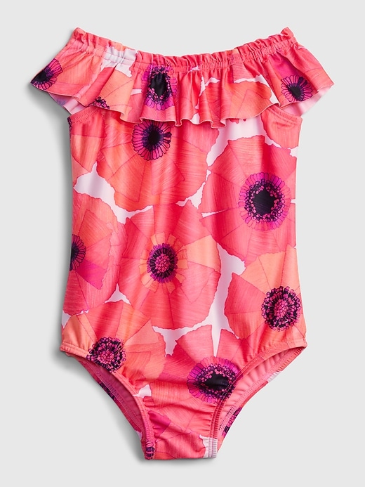 1 of 8 showing, with the color pink floral of product Toddler Floral Ruffle Swim One-Piece