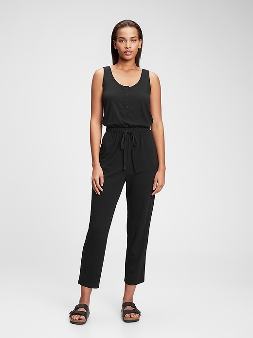 View large product image 1 of 7. Sleeveless Henley Jumpsuit