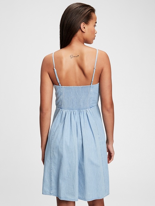 2 of 8 showing, with the color light wash of product Fit & Flare Cami Denim Dress