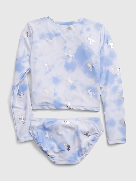 2 of 8 showing, with the color blue tie dye of product Kids Recycled Twist Swim Two-Piece Rash Guard