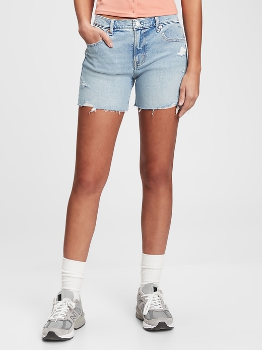 1 of 8 showing, with the color light indigo of product 5'' Mid Rise Destructed Denim Shorts With Washwell