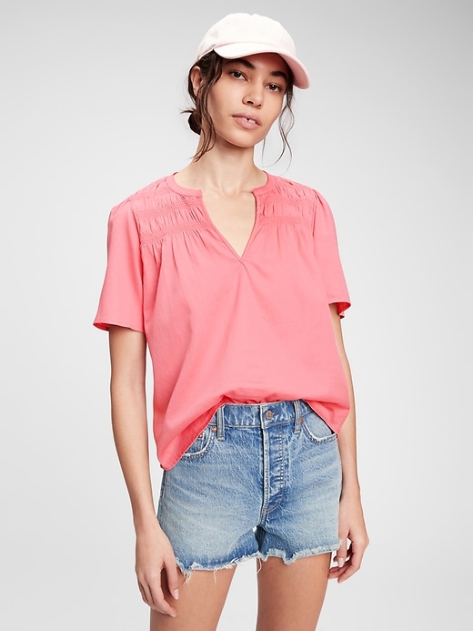 1 of 8 showing, with the color sweetheart pink of product Smocked Flutter Sleeve T-Shirt