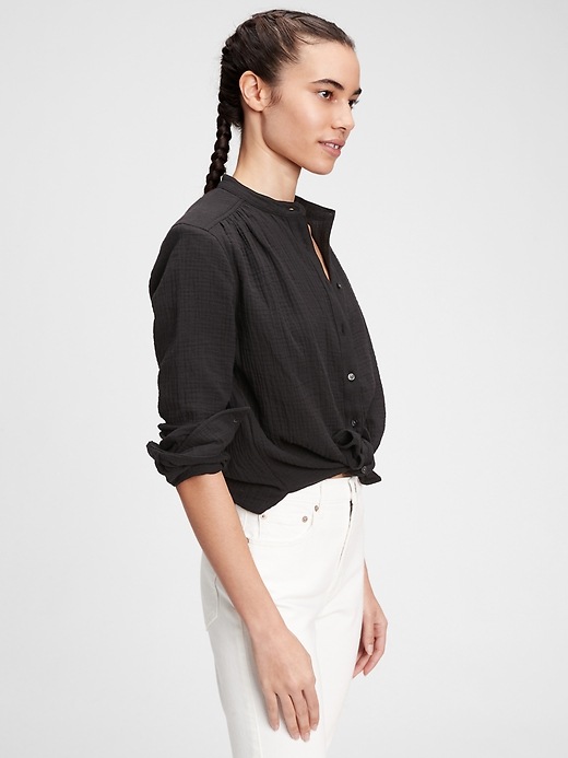 1 of 8 showing, with the color true black of product Gauze Button-Front Shirt