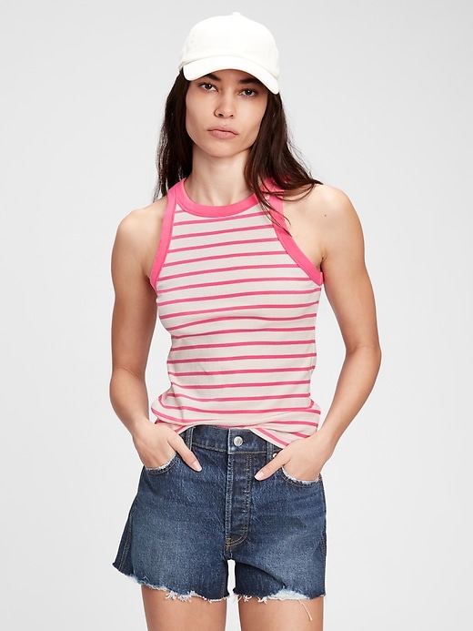 1 of 8 showing, with the color pink & white stripe of product Halter-Neck Tank Top