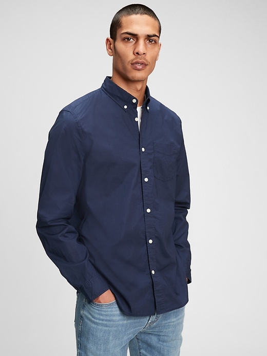 1 of 8 showing, with the color blue of product Lived-In Stretch Poplin Shirt