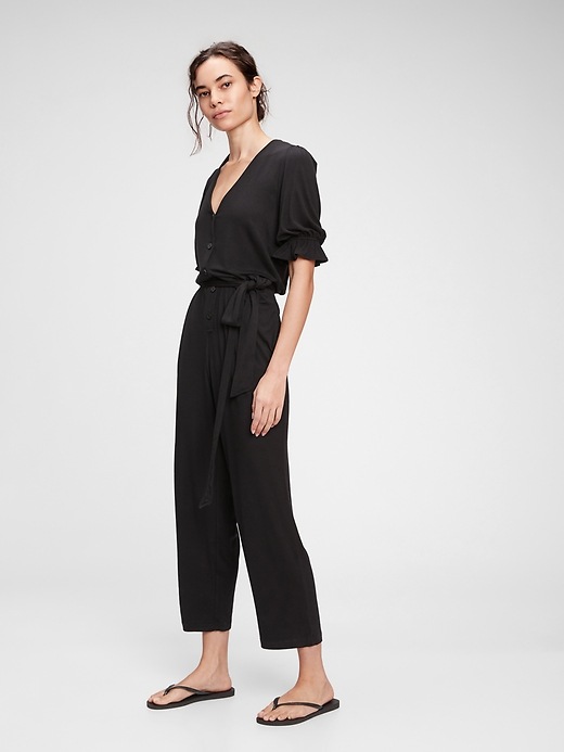 1 of 8 showing, with the color true black of product Button-Front Jumpsuit