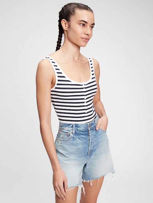 1 of 8 showing, with the color navy blue & white stripe of product Modern Henley Bodysuit