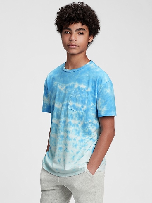 1 of 8 showing, with the color blue tie dye of product Teen 100% Organic Cotton Pocket T-Shirt